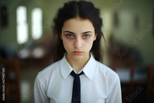 Sad teenage schoolgirl wearing a school. uniform with beautiful eyes looking at the camera