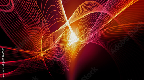 Illustration of red orange pink backlit wavy curved shaped train with effects on black background