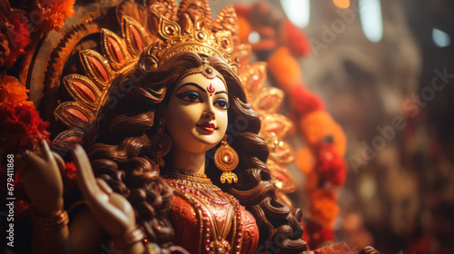 A statue of the goddess durga in front of a large flower garland, AI