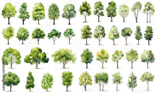 watercolor style illustration of summer or spring tree collection set, cartoon illustration isolated on white background, Generative Ai 
