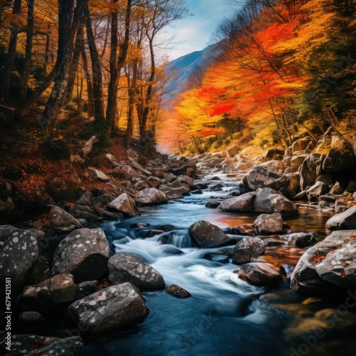 Clear blue water rocky riverbed Mountain stream flowing through autumnal forest, clear blue water, rocky riverbed, fiery-colored trees, mountain peaks in distance, serene natural landscape 
