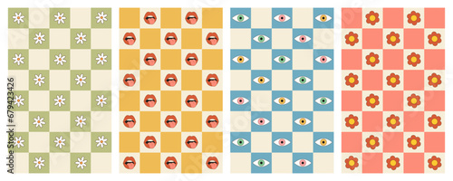 Set of vertical checkered groovy backgrounds. Retro posters with daisies, eyes, lips in a trendy 70s style. Vector illustration