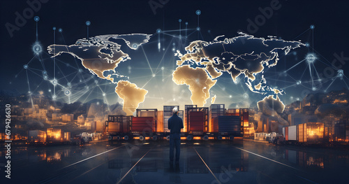world map, transportation industrial concept, container cargo, Logistic import export, smart transportation, Truck logistics, Distribution Network, Technology Retail Warehouse