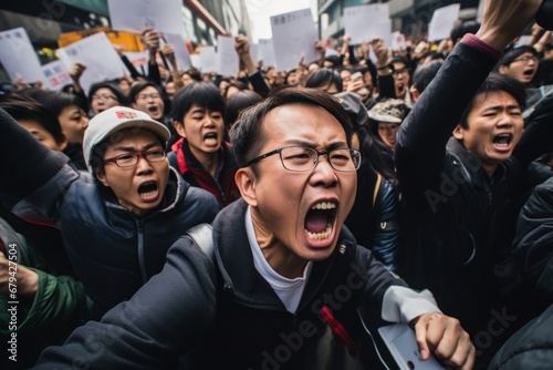 Angry Asian people protesting on a street