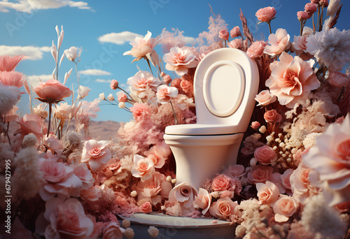 toilet in nature surround with colorful spring flowers
