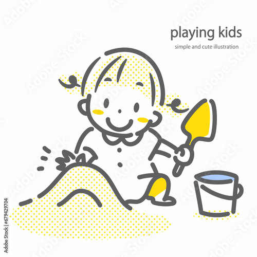 楽しく砂場で遊ぶ女の子 シンプルでかわいい線画イラスト