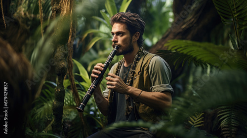 clarinetist playing a clarinet in a lush jungle generative ai