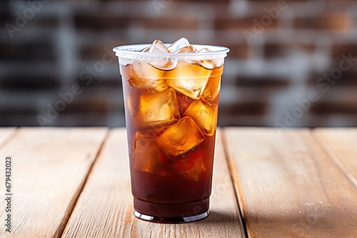 Icy black tea in plastic cup on rustic white backdrop.