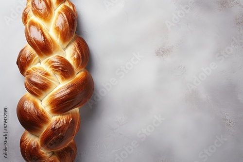 Sabbath kiddush ceremony with homemade challah bread on grey background. Shabbat Shalom. Top view. Copy space.