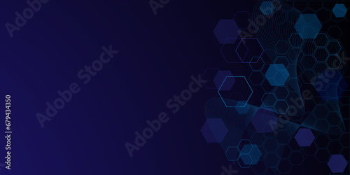 Abstract futuristic hexagons for network connection, wave background for science, computer and communication technology on dark blue background.