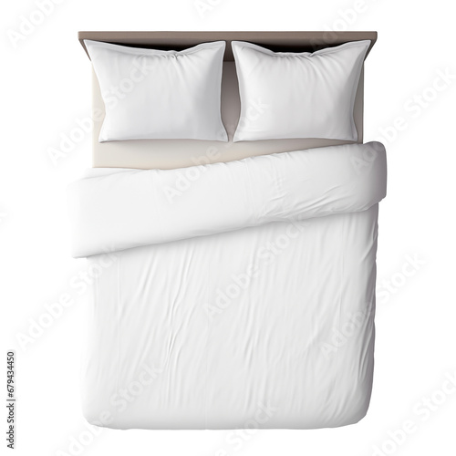 Top view of empty white bed, duvet, sheet, two white pillows isolated on transparent background