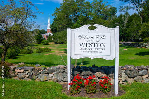 Welcome to Weston sign in front of St Peter's Episcopal Church at 320 Boston Post Road in historic town center of Weston, Massachusetts MA, USA. 