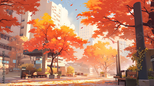 紅葉に彩られた街のアニメ風イラスト