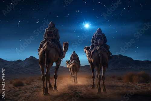 Three Wise Men, Three Kings follow Bethlehem star in the night