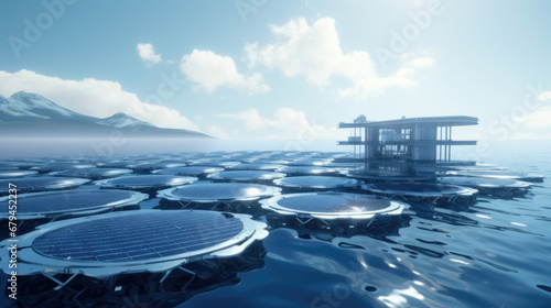 A floating solar farm on a futuristic aquaculture platform