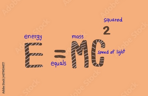 Handwritten font of Physics formula E=mc2. Energy equals mass times the speed of light squared, orange background. Concept, education. Einstein's theory of relativity of mass and energy.Teaching aids.