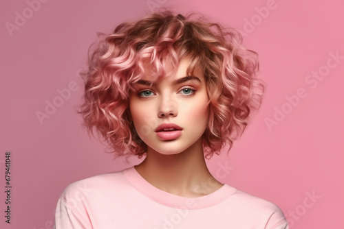 Portrait of a beautiful girl with pink wavy hair on pink background close-up front view.