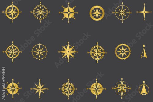 Set of golden compass rose or golden wind rose, collection of gold compass rose