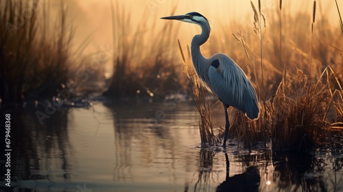 heron on canvases among the reeds