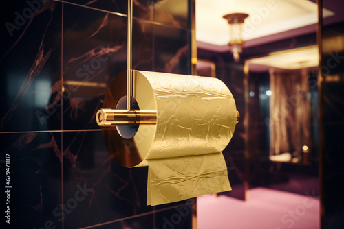 Roll of chic gold toilet paper in a luxurious restroom. Expensive toiletry in a bathroom for the rich. AI-generated