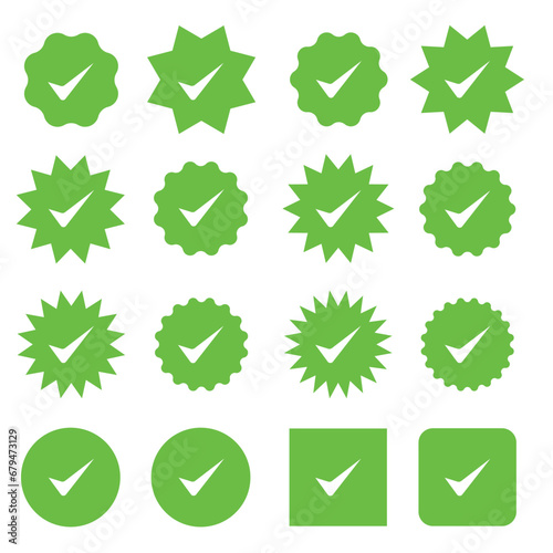 Verified badge profile set Verified badge. Valid. Social media account verification icon. Green check mark icon. Vector 10 episodes. 