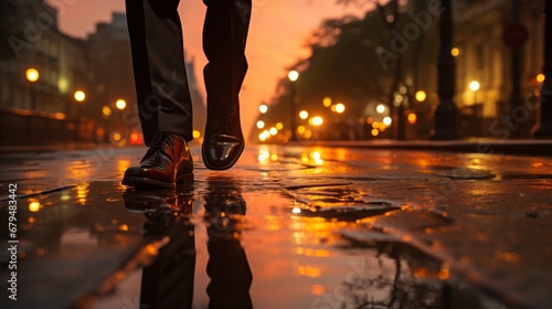 A businessman walking on a wet floor against the rising sun represents the concept of new hope for success.