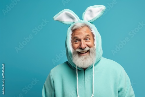 An elderly smiling pensioner man in a rabbit costume on blue background. The concept of a happy Easter.