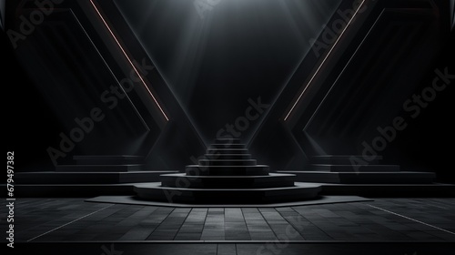 A 3D black geometric stage podium with a dark background that is located in an outdoor amphitheater or stadium.