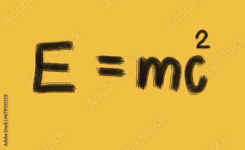 Handwritten font of Physics formula E=mc2. Energy equals mass times the speed of light squared, yellow background. Concept, education. Einstein's theory of relativity of mass and energy.Teaching aids.