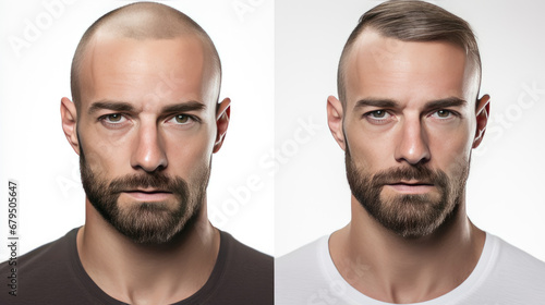 A man without hair, and with hair. Treatment of baldness. Photo before after.