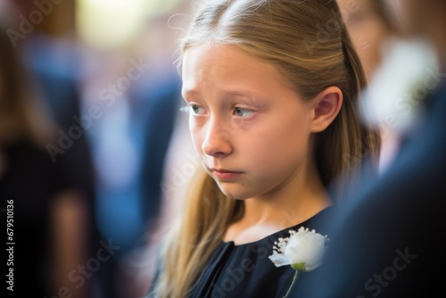 Crying Child, sad and family at funeral at graveyard ceremony outdoor at burial place. Death, grief and group of people at cemetery for service while mourning a loss at event or grave