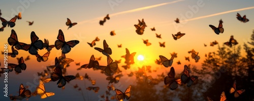 swarm of monarch butterflies, Danaus plexippus group during sunset, Generative AI