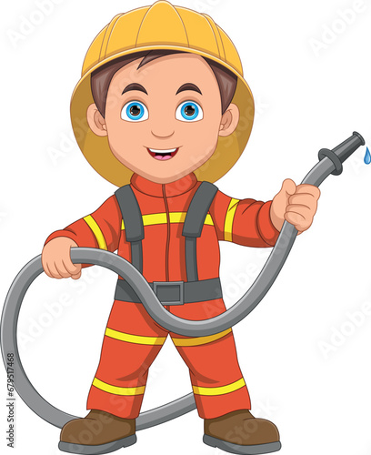Cheerful little boy in firefighter costume