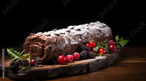 Food photography of a traditional Yule log cake a traditional Christmas dessert in Europe and in France in particular