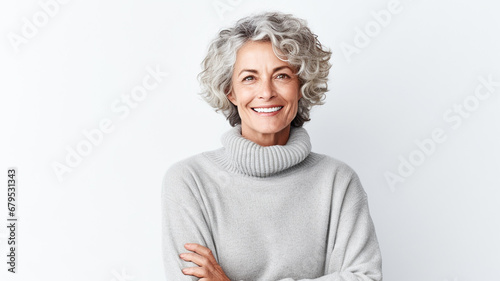 Happy senior woman looking at camera and smiling while standing against white background.