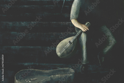 Illustration of street musician playing mandolin, passion concept