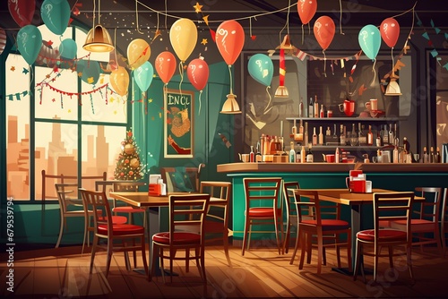 Retro illustration of a stylized New Year's Eve cafe with vintage furniture