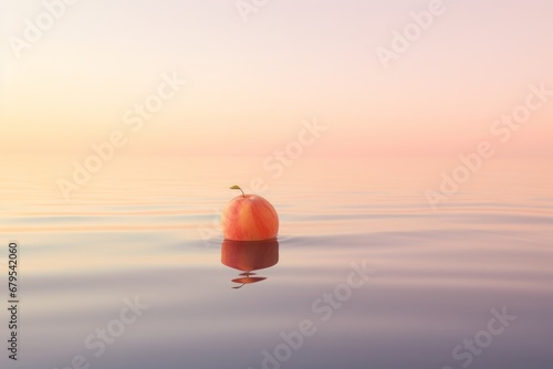 Photo of a peach gently floating on the surface of calm water.. Generative AI