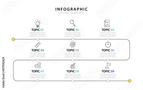 Infographic design template. Timeline concept with 9 options or steps template. layout, diagram, annual, report, presentation. Vector illustration.