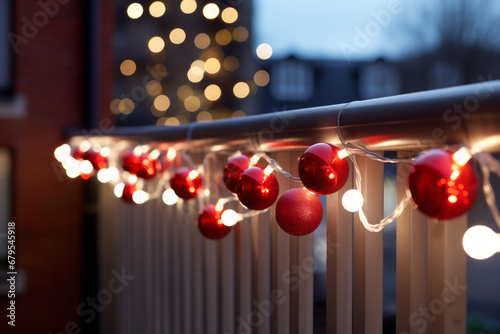Decoración de bolas y luces de navidad en la terraza de casa.