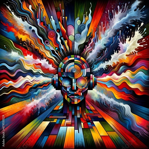 Colorful Explosion Originating from an Abstract, Robotic Human Head