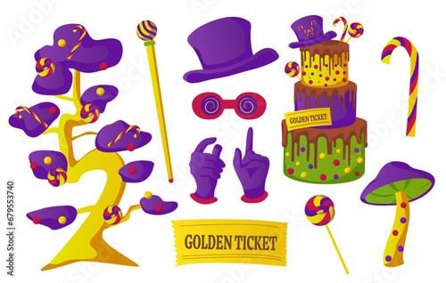 A set on the theme of a Chocolate Factory. Hat, cake, golden ticket, glasses and more. Vector