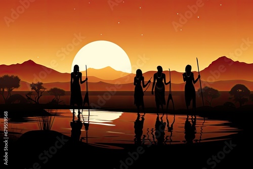 Ancient people in the savannah at sunset. Vector illustration for your design, Silhouettes of african aborigines at sunset. Female tribe members in desert landscape, AI Generated