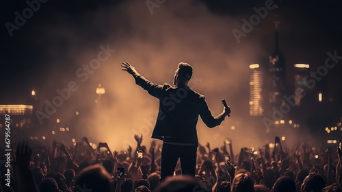 Unrecognizable singer male standing on stage in concert with crowd of people, live music with audience hold smartphone taking picture, musician man on tour with spot light in city night background