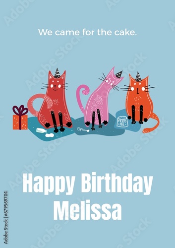 Composition of happy birthday melissa text with cats on blue background