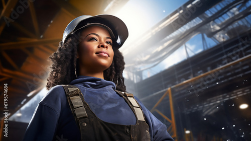 Mujer joven afroamericana con casco y pelo largo posando de pie con su ropa de trabajo en una obra al aire libre.