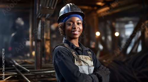 Ingeniero mujer afroamericana sonriendo de pie y con brazos cruzados y casco con ropa de trabajo posando en un taller de metal industrial