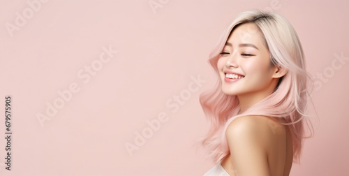 soft and smooth white skin Chinese or Korean woman in a skincare commercial poster, copy space for text, Asian modeler poses for beauty and cosmetics product advertising