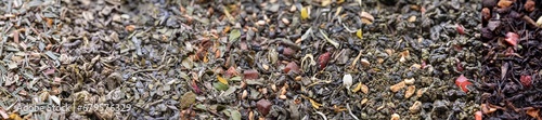 Variety of black, green and herbal tea banner. Natural large tea for brewing.