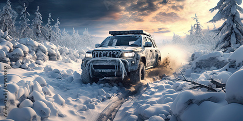 4x4 SUV drifts through snow and snowdrifts in winter on expedition trip in mountains in nature